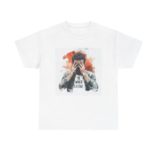 Artistic Unisex Cotton Tee featuring a distressed design with a man holding his face against a colorful backdrop
