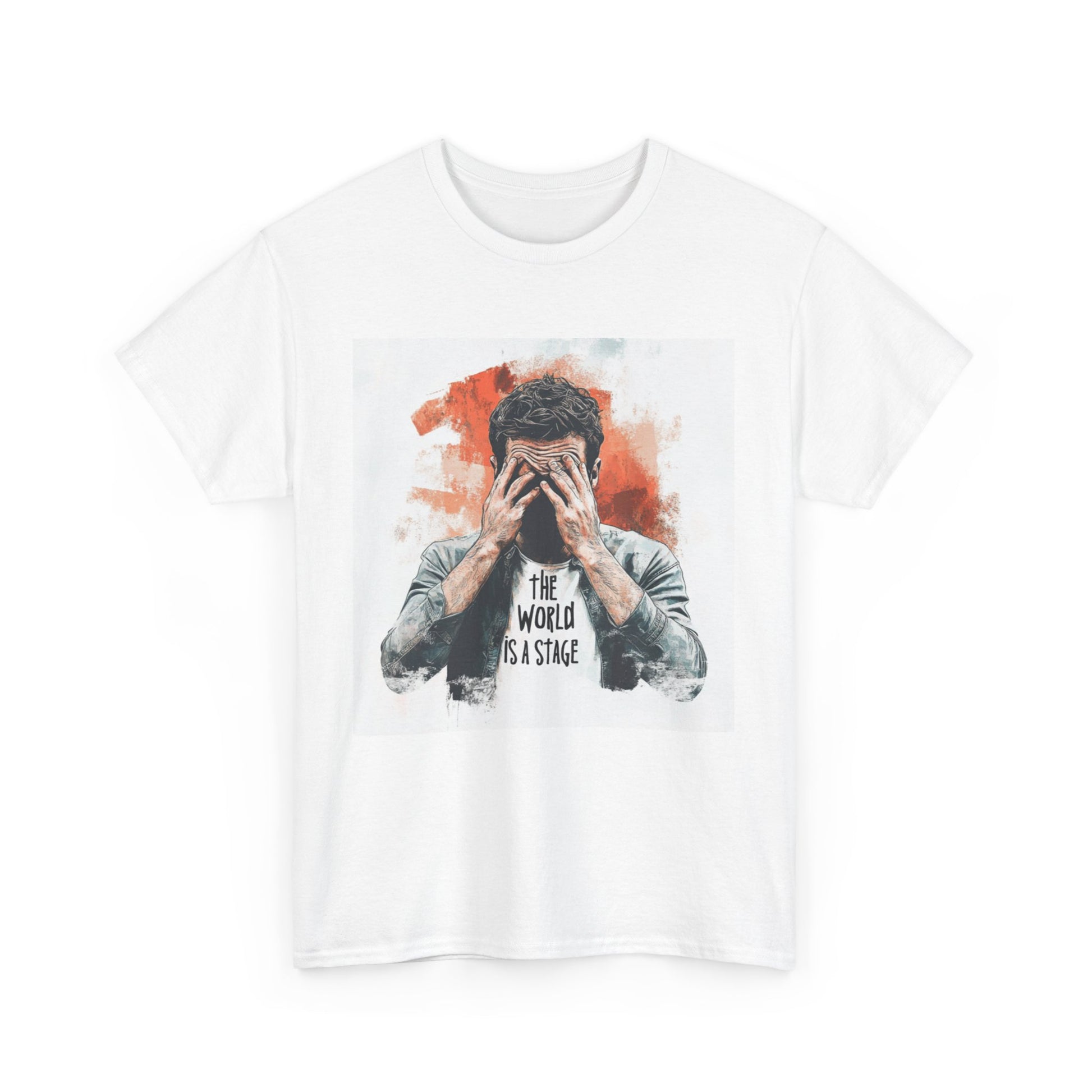 Artistic Unisex Cotton Tee featuring a distressed graphic design with the phrase 'The World is a Stage'