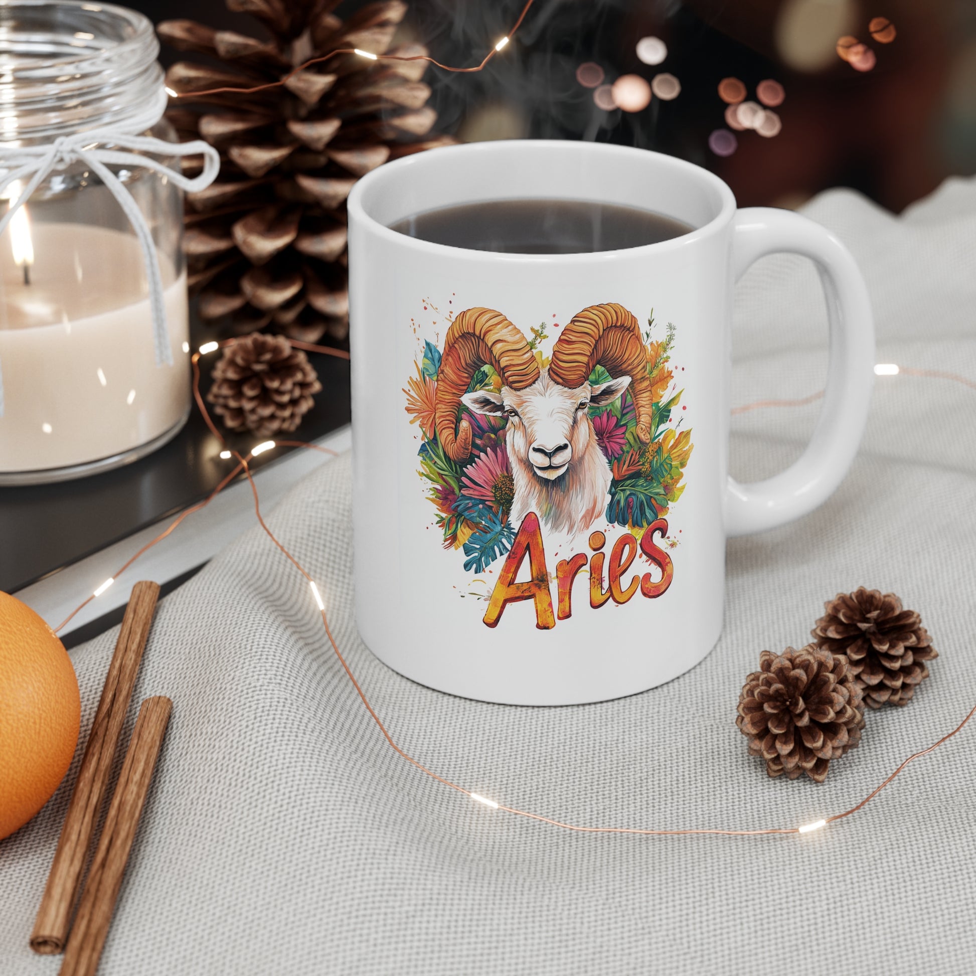 Printify aries zodiac mug white ceramic with colorful ram illustration and Aries text in cozy holiday setting