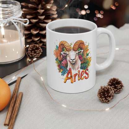 Printify aries zodiac mug white ceramic with colorful ram illustration and Aries text in cozy holiday setting