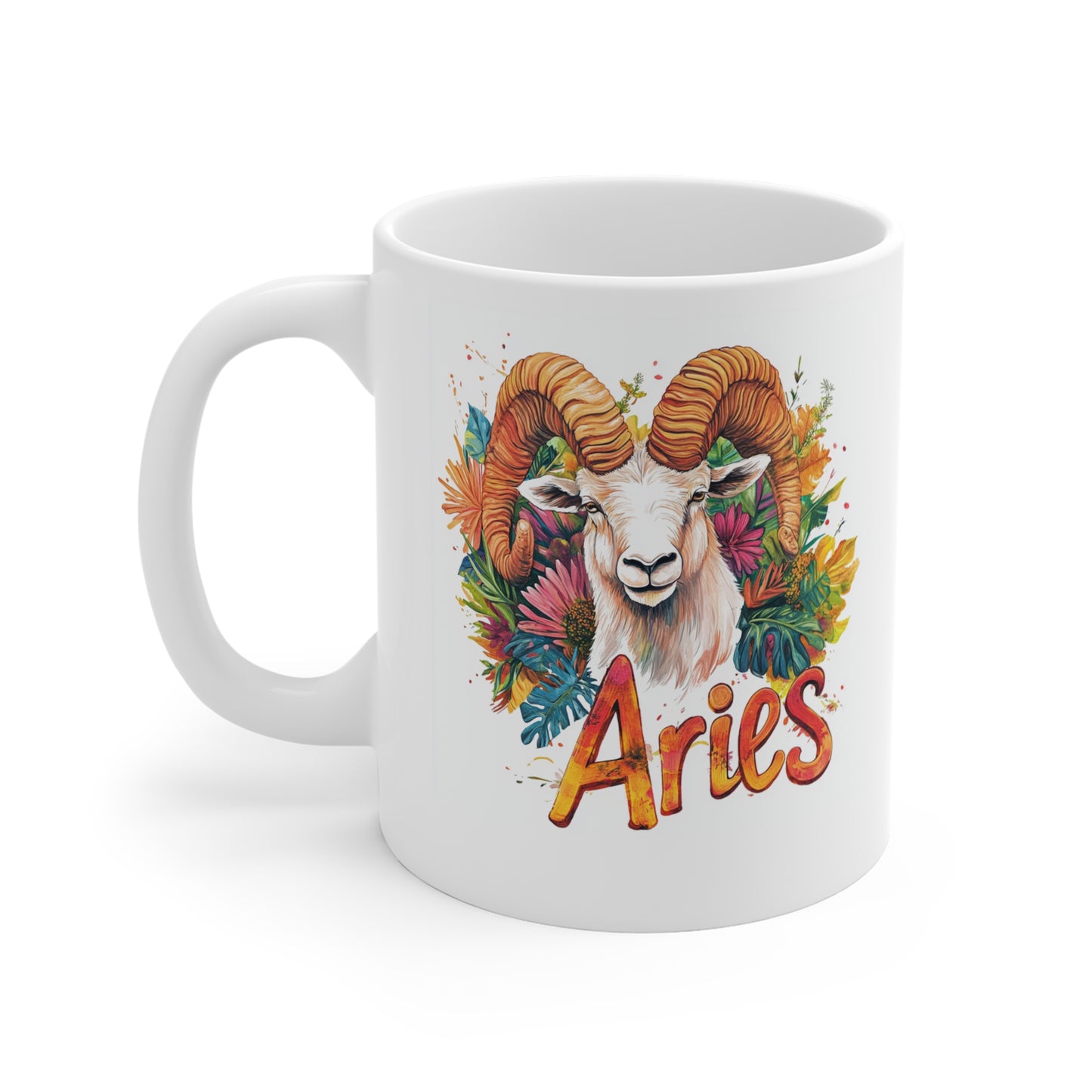 White ceramic aries zodiac mug with colorful ram illustration floral background and Aries script text