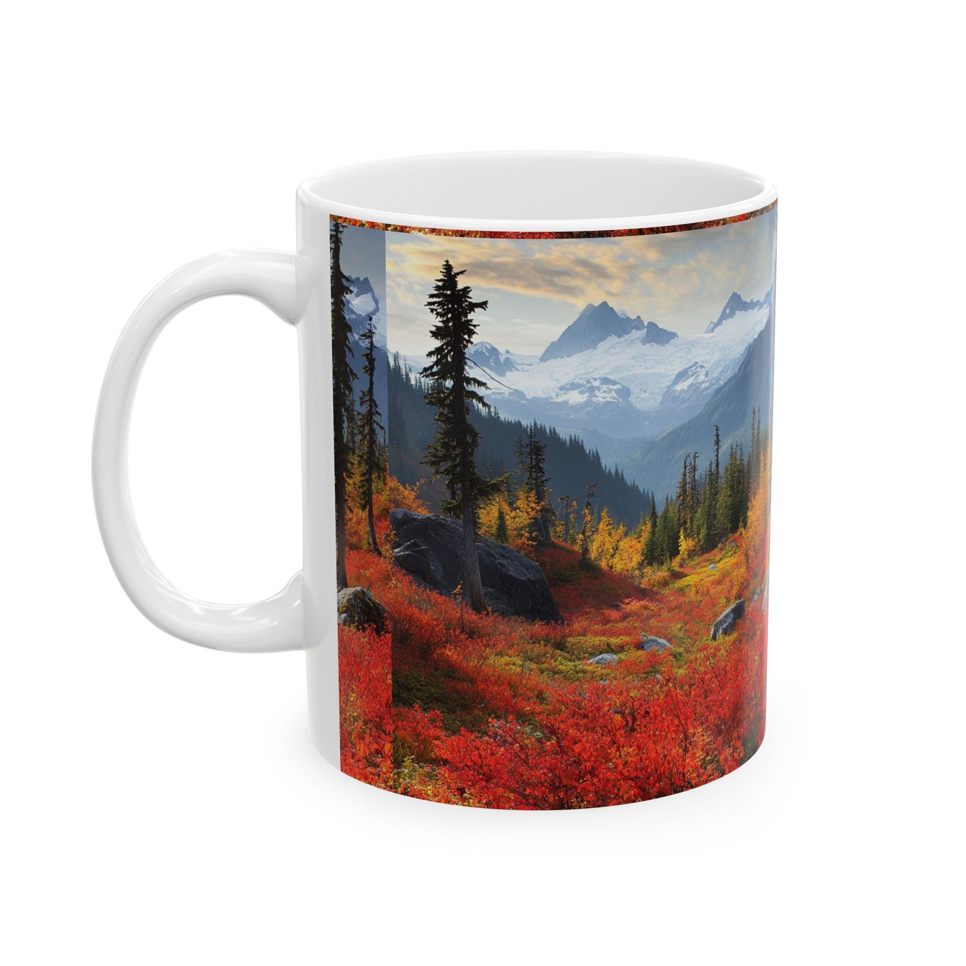 Autumn landscape ceramic mug featuring vibrant fall colors and scenic mountains
