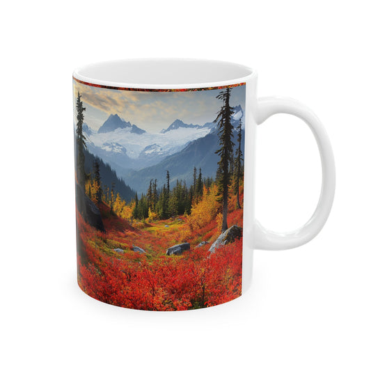 Autumn landscape ceramic mug featuring vibrant red and orange foliage with mountain backdrop