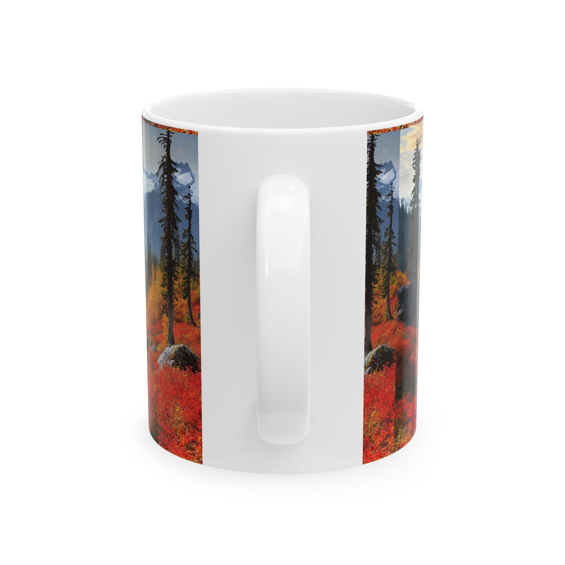 Autumn landscape ceramic mug featuring vibrant fall colors and scenic nature views
