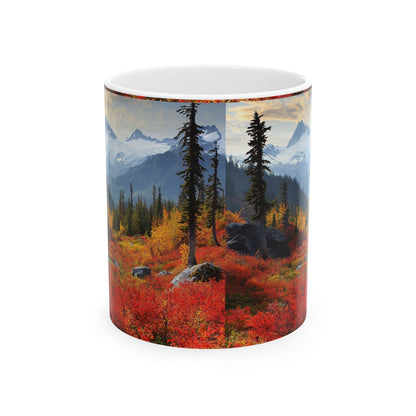 Autumn landscape ceramic mug featuring vibrant fall colors and scenic mountain views
