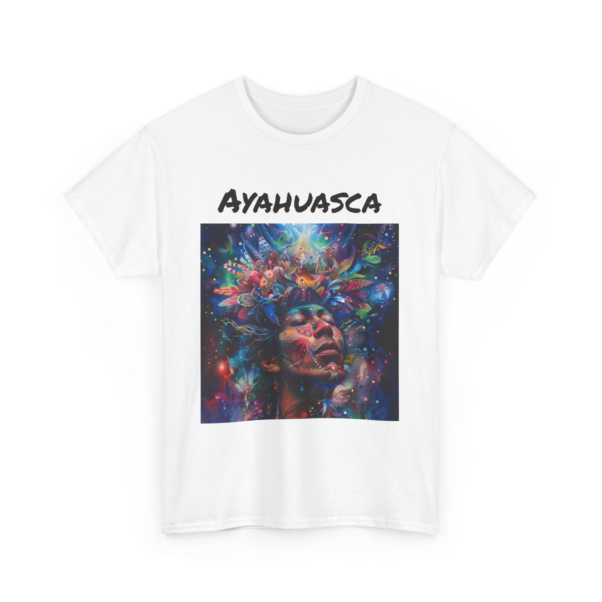 White ayahuasca t-shirt with a colorful cosmic design featuring a face and vibrant floral elements