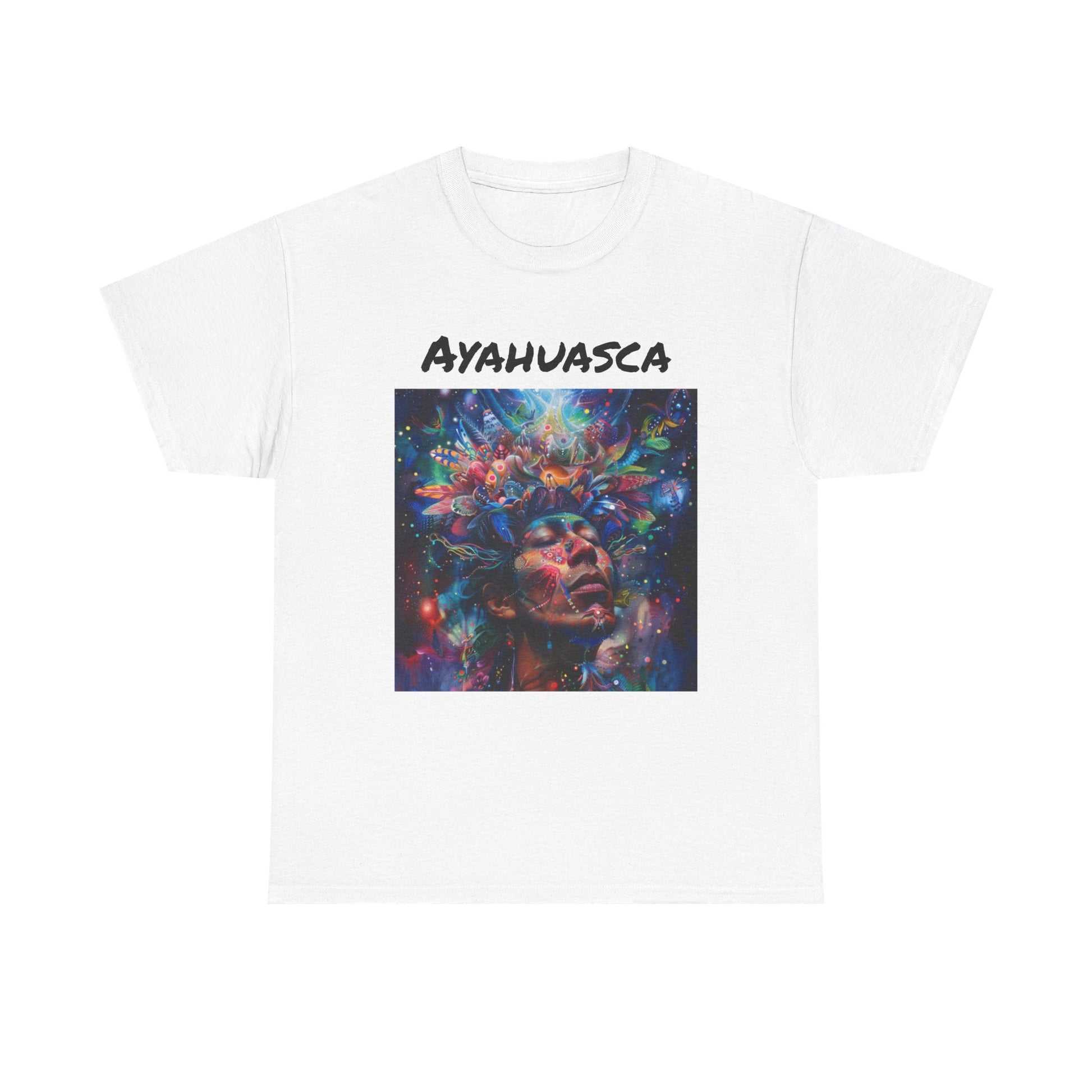 White ayahuasca t-shirt featuring colorful psychedelic art and the word Ayahuasca