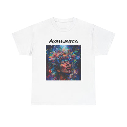 White ayahuasca t-shirt featuring colorful psychedelic art and the word Ayahuasca