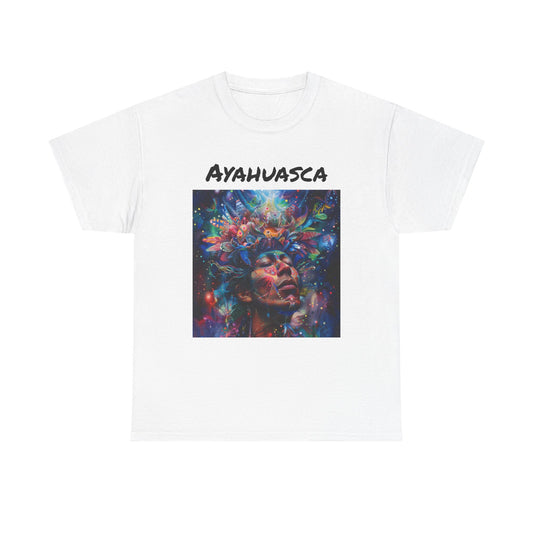 White ayahuasca t-shirt featuring colorful psychedelic art and the word Ayahuasca
