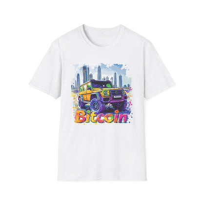 Bitcoin Adventure Unisex T-Shirt featuring a colorful graphic of an off-road vehicle in a city skyline