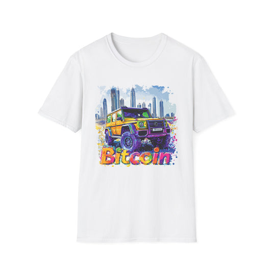 Bitcoin Adventure Unisex T-Shirt featuring a colorful graphic of an off-road vehicle in a city skyline