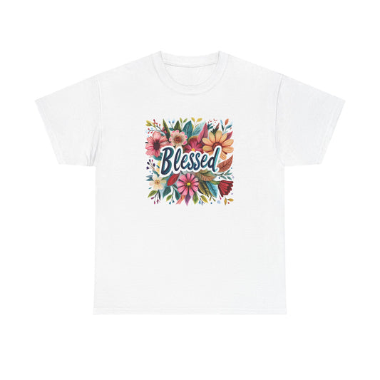 White blessed floral t-shirt featuring colorful floral design with the word Blessed