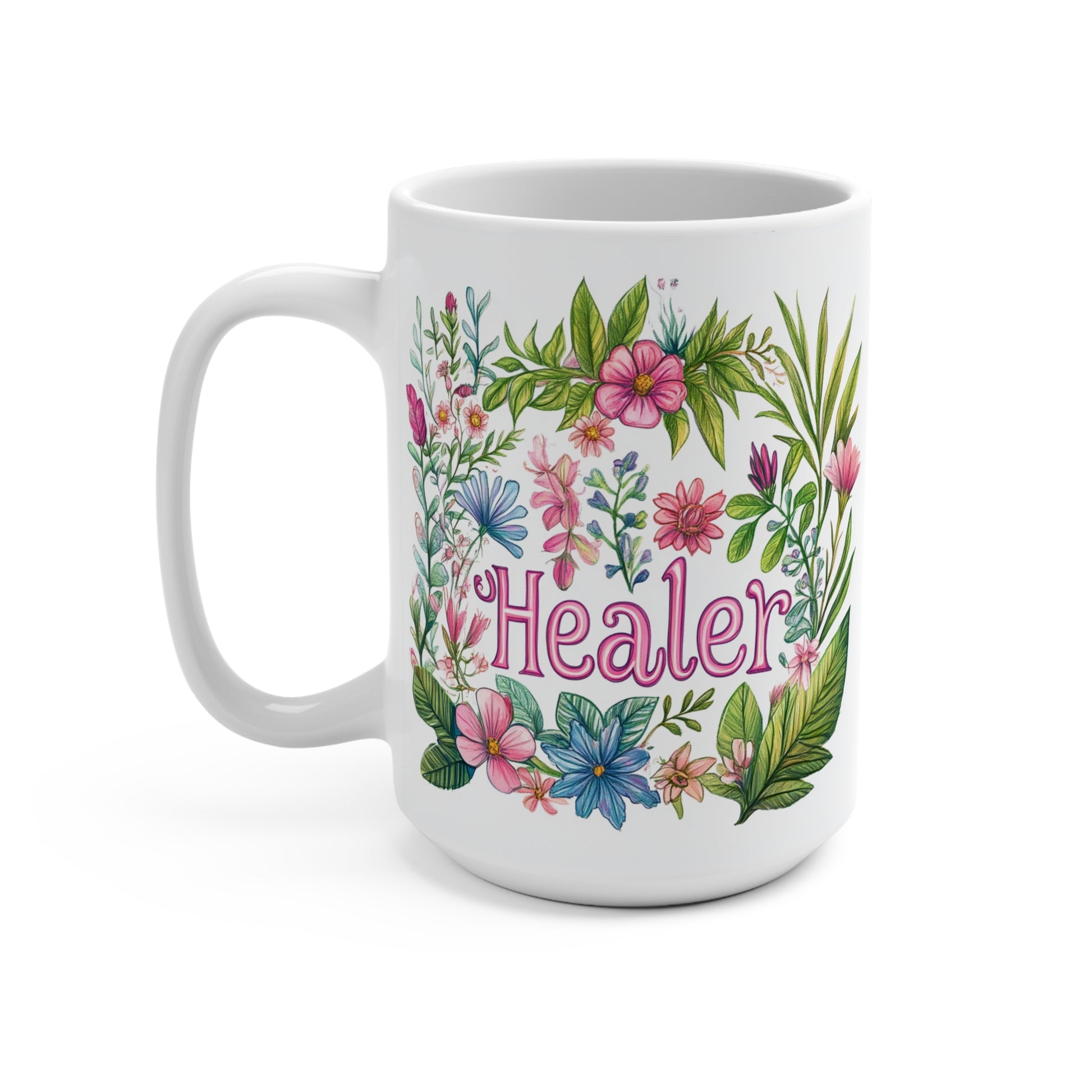 Printify white ceramic healer mug with pink floral wreath design ideal for gift giving