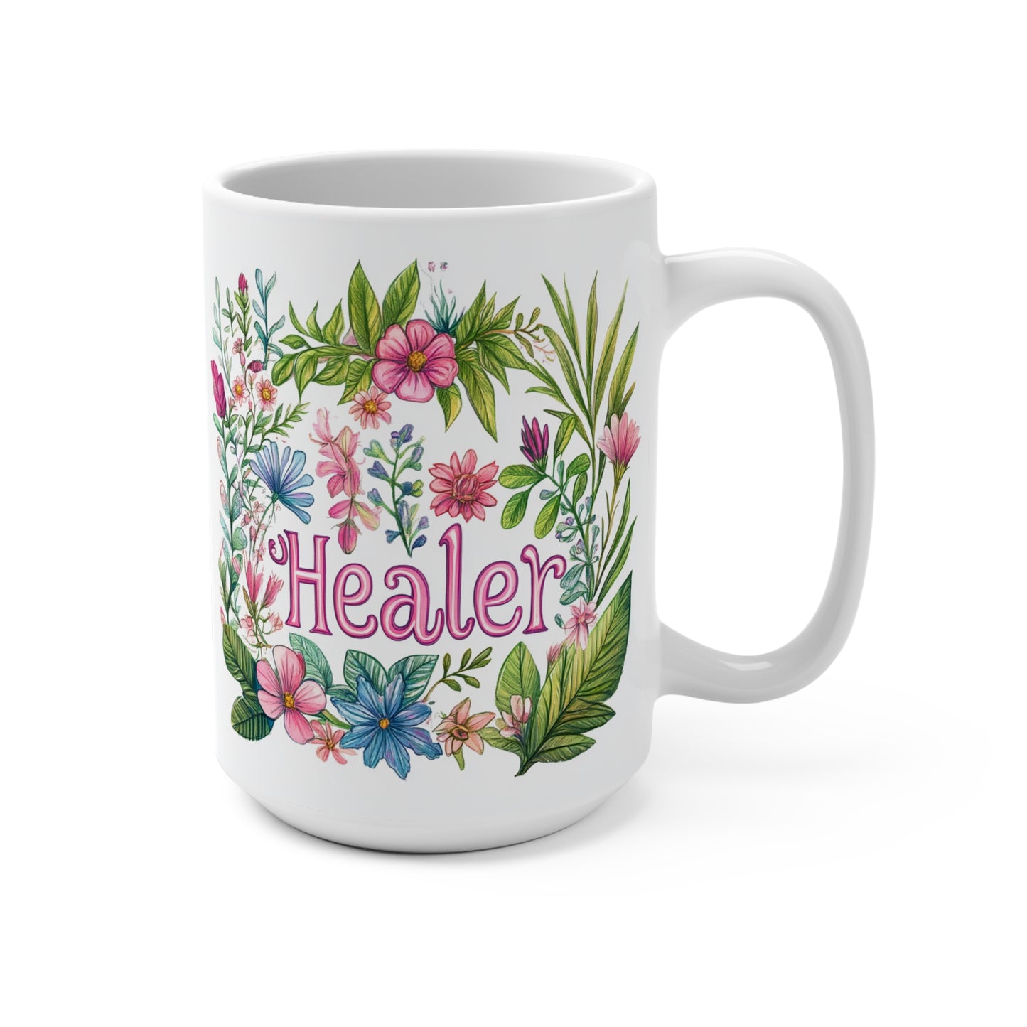 Printify white ceramic healer mug with colorful floral wreath design and large handle for daily use