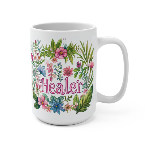 Printify white ceramic healer mug with colorful floral wreath design and large handle for daily use