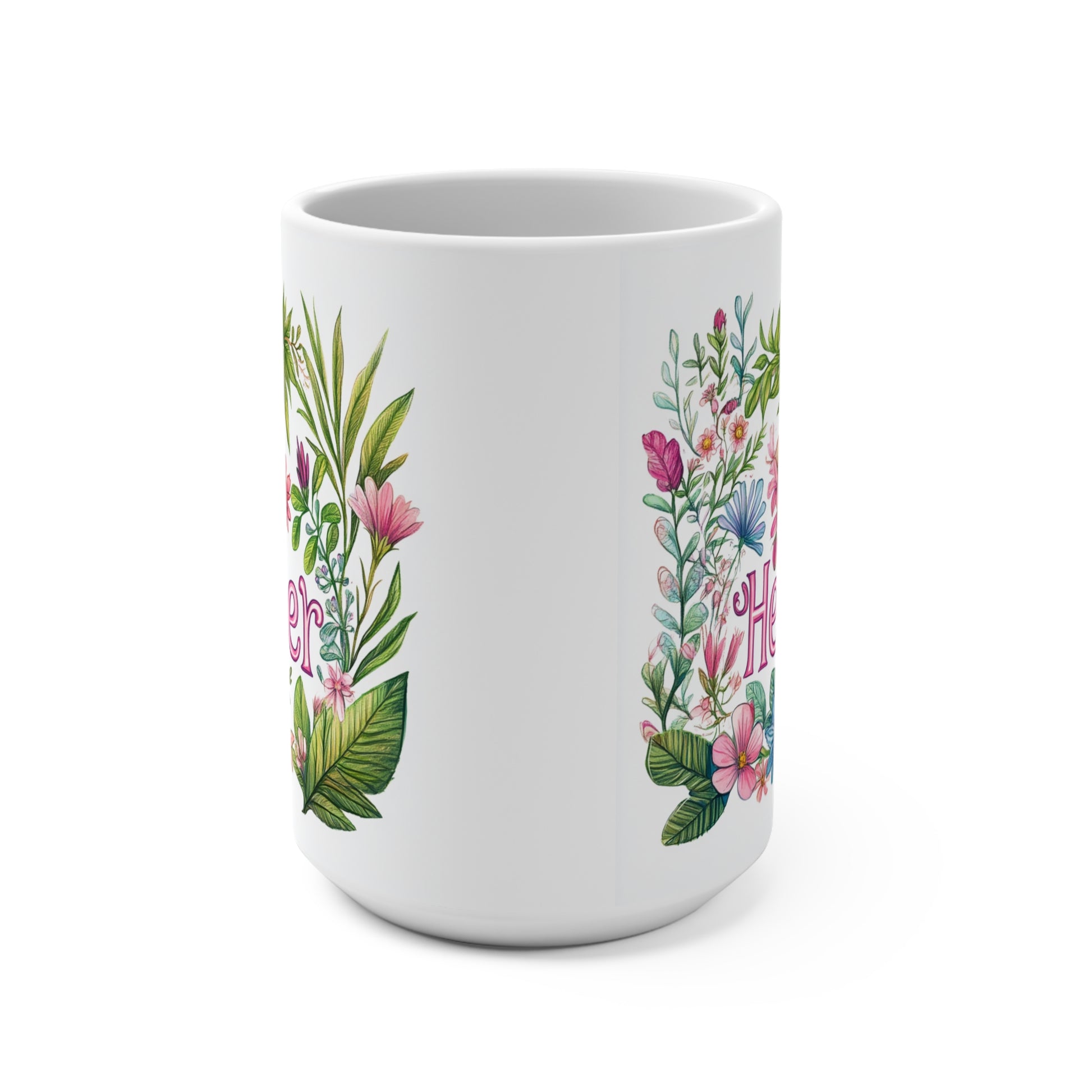 White ceramic healer mug with pink and blue floral botanical wreath design on both sides by Printify