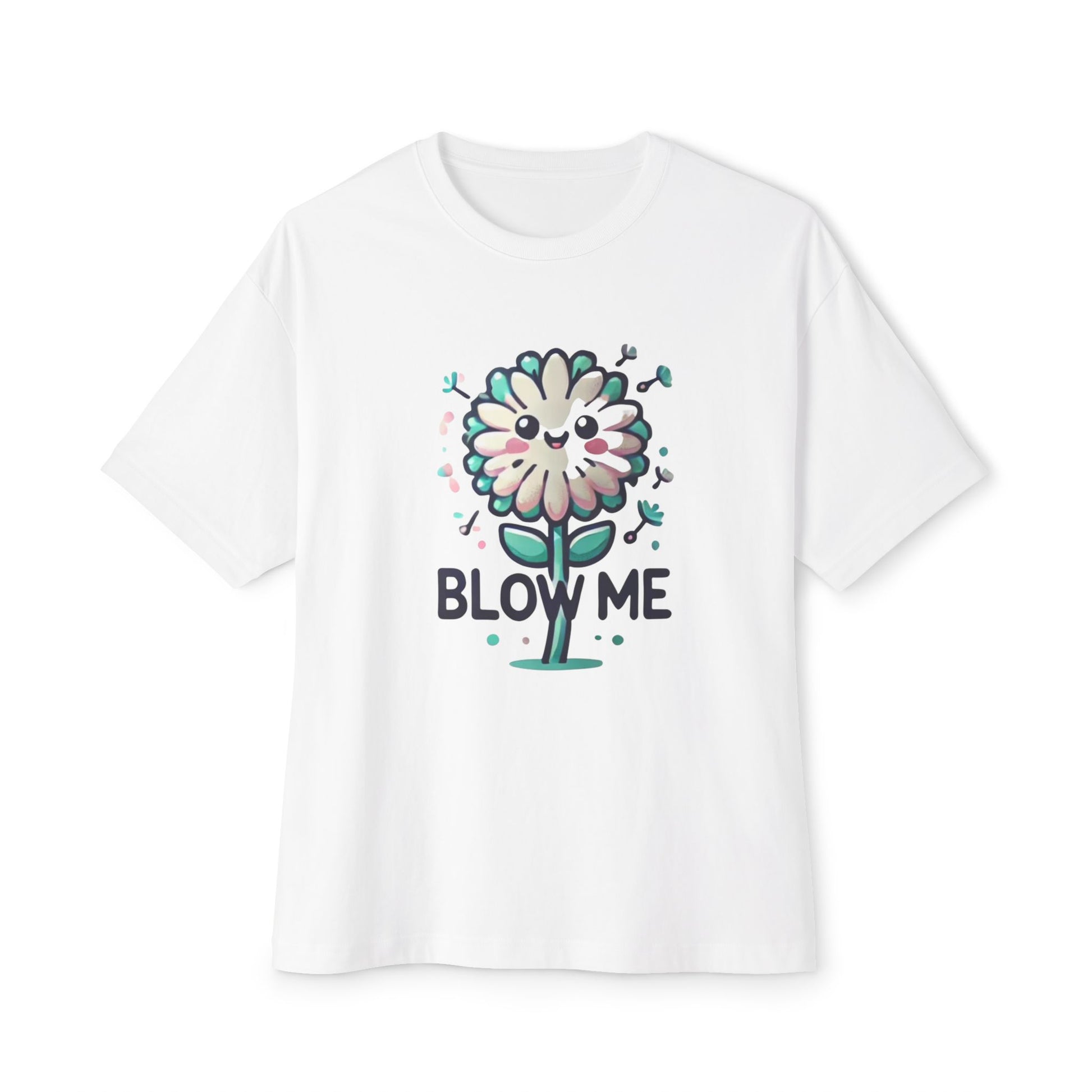 Blow Me Boxy T-Shirt with a playful flower graphic in vibrant colors on a white background