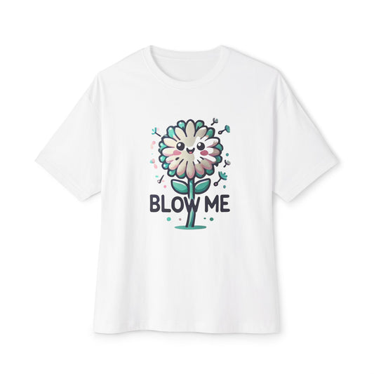 Blow Me Boxy T-Shirt with a playful flower graphic in vibrant colors on a white background