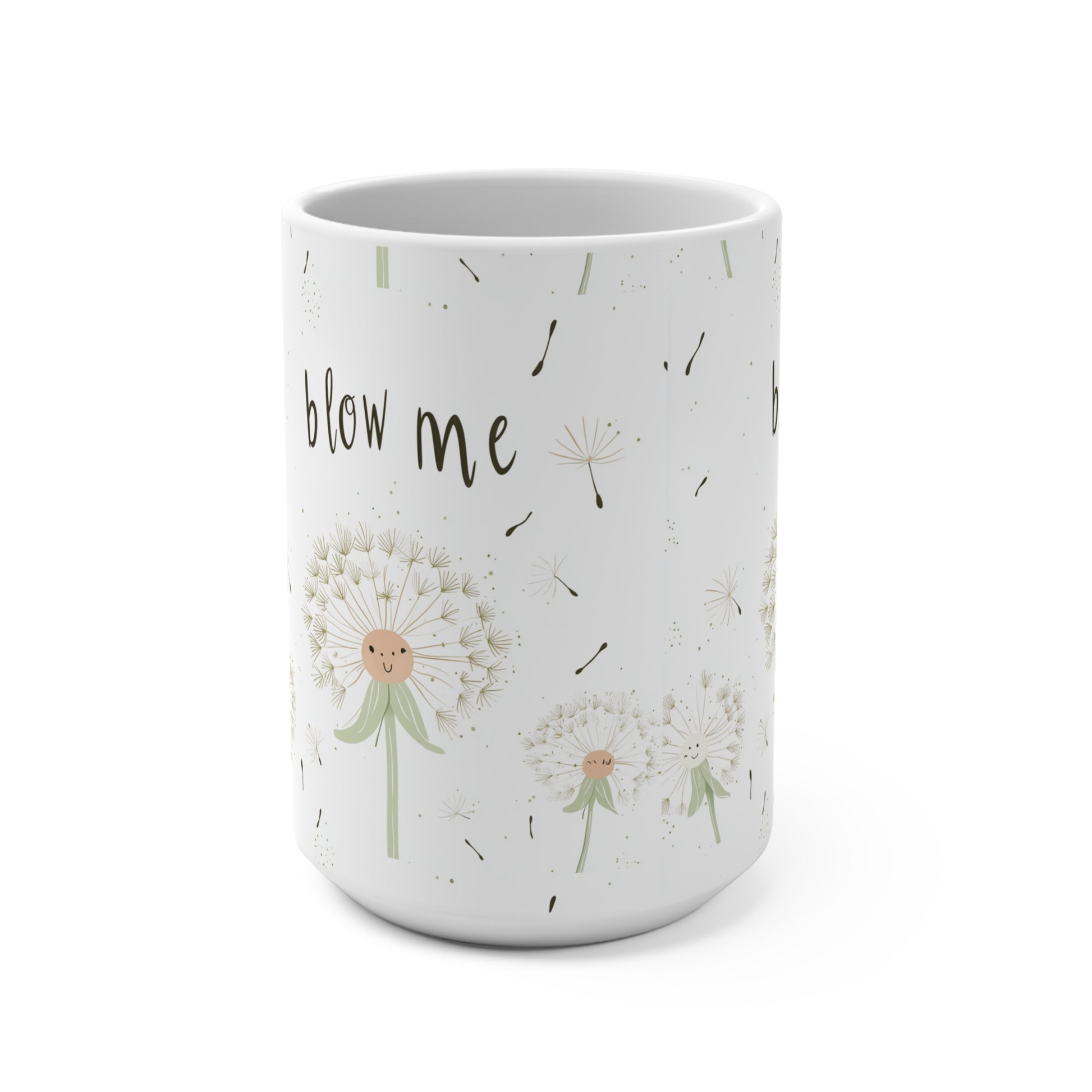 Blow Me funny Mug 15oz with dandelion design and playful text for a lighthearted gift