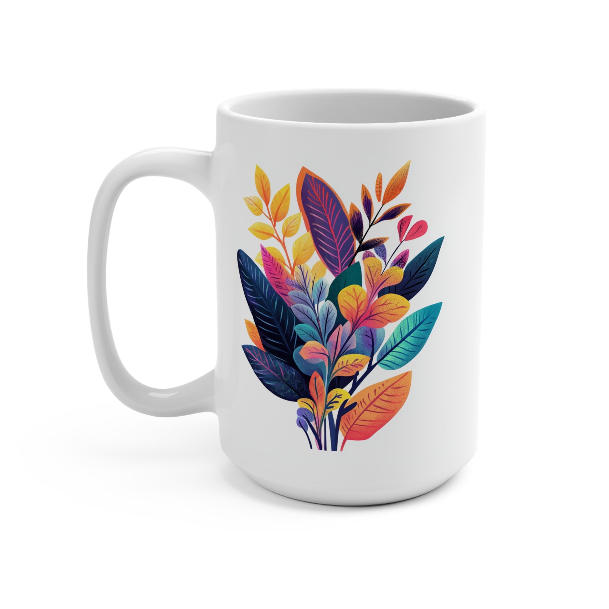 Stylish bohemian floral mug featuring vibrant leaves in shades of pink, blue, and green
