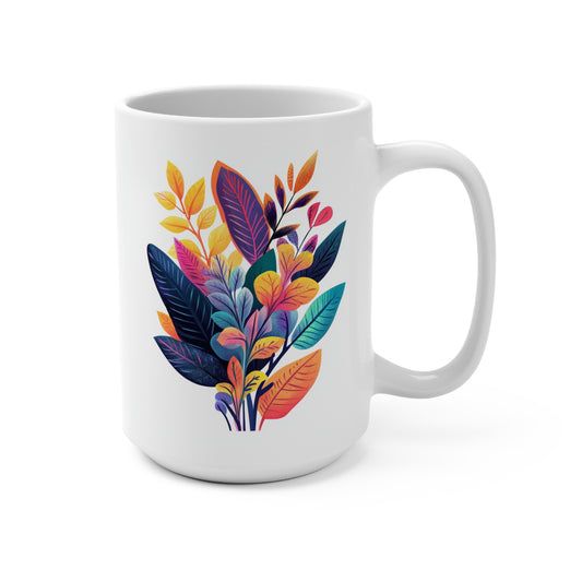 Bohemian floral mug featuring vibrant leaves and flowers designed for stylish coffee lovers