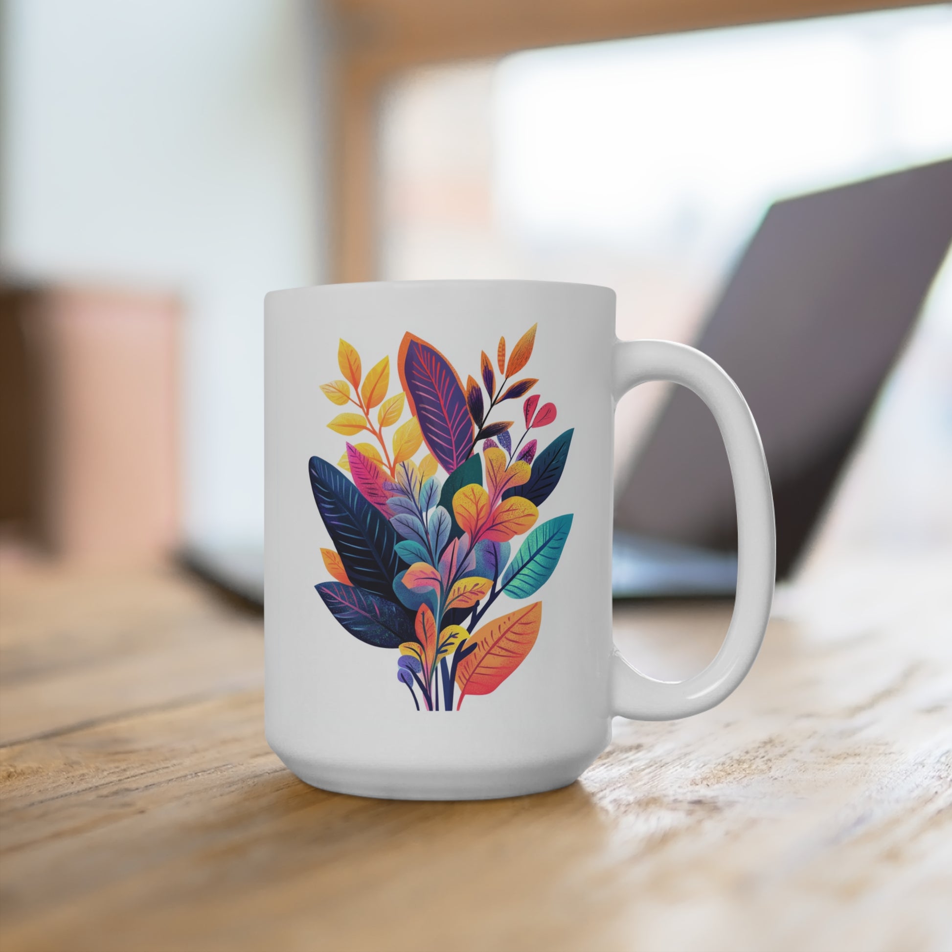 Bohemian floral mug featuring colorful leaves and flowers on a white background for a stylish drinkware option