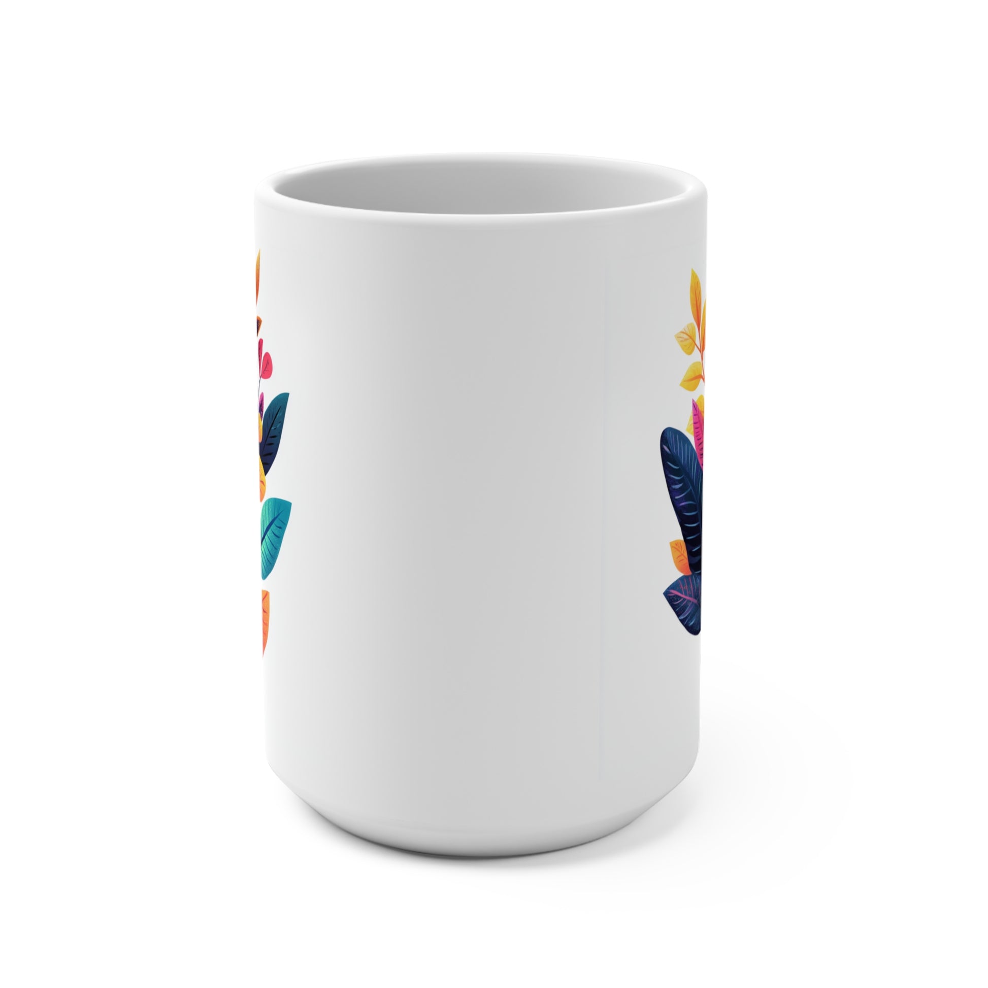 Bohemian floral mug featuring vibrant botanical designs on a white background