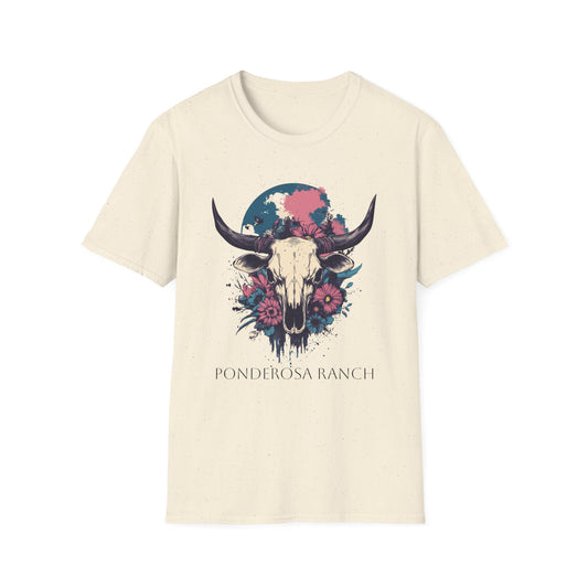 Boho floral skull t-shirt with a bull skull and colorful floral design for a trendy look