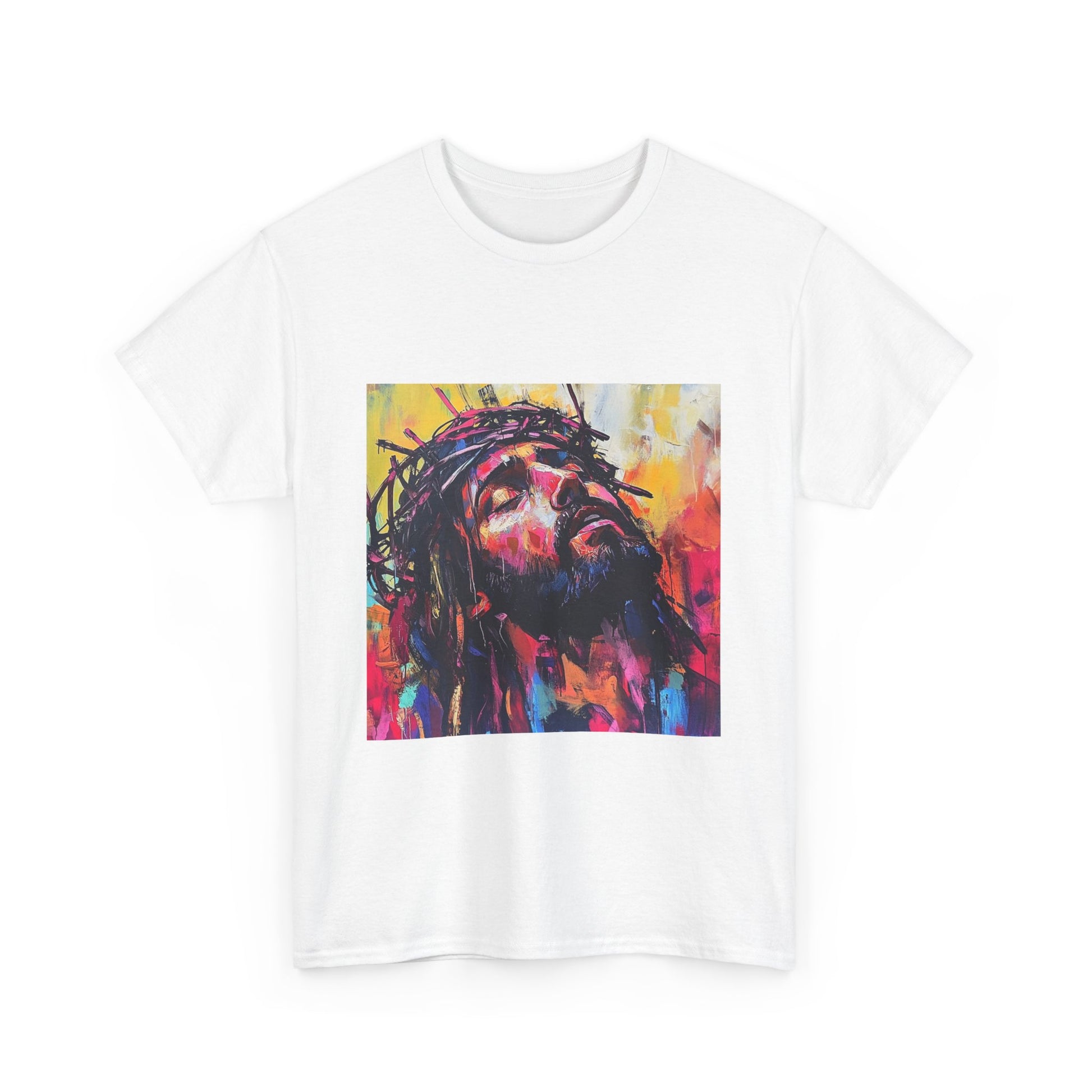 Bold Jesus t-shirt featuring a vibrant artistic depiction of Jesus with a crown of thorns