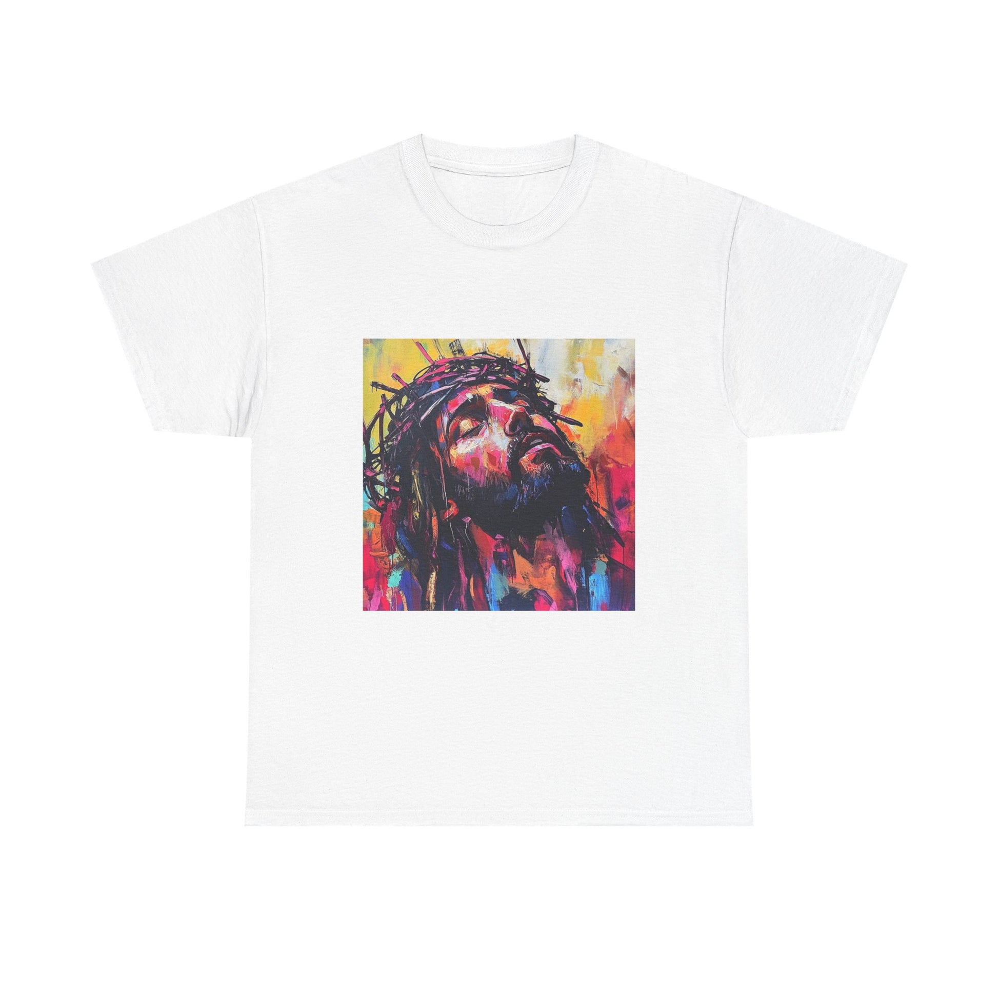 Bold Jesus t-shirt featuring a colorful artistic depiction of Jesus with vibrant hues