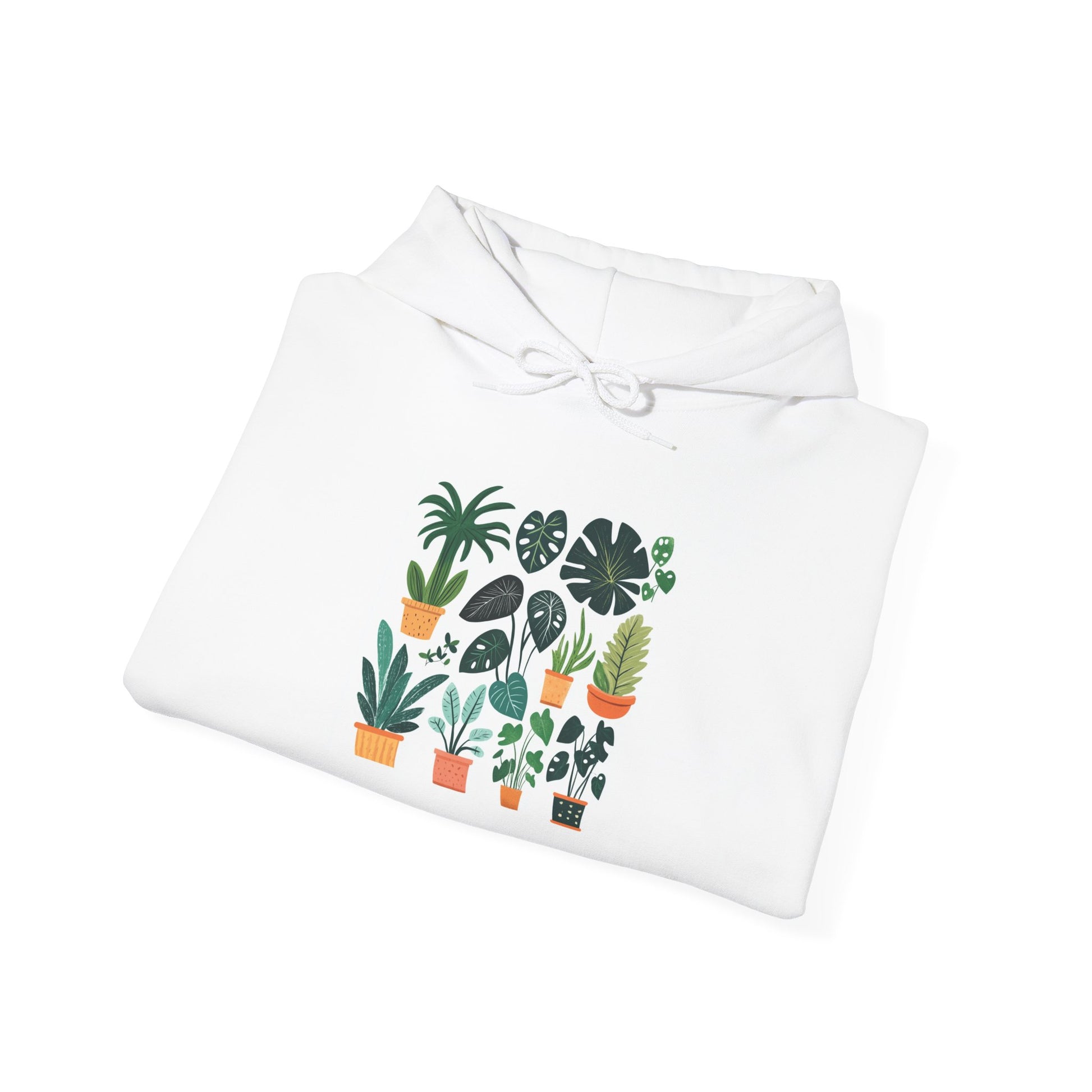 White botanical plant hoodie featuring vibrant plant illustrations in stylish pots