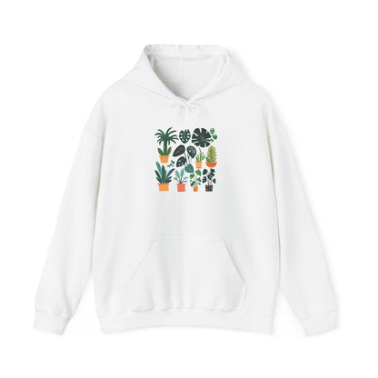 White botanical plant hoodie featuring a colorful print of various houseplants in pots