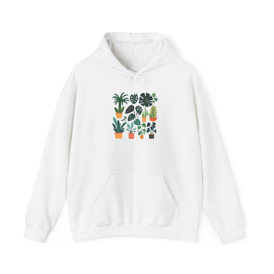 White botanical plant hoodie featuring a colorful print of various houseplants in pots