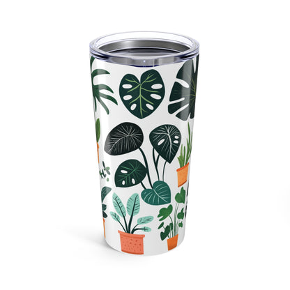 Botanical travel tumbler featuring colorful plant designs in various pots for eco-conscious drinkers