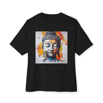 Black Buddha art t-shirt featuring a colorful Buddha face design for spiritual enthusiasts