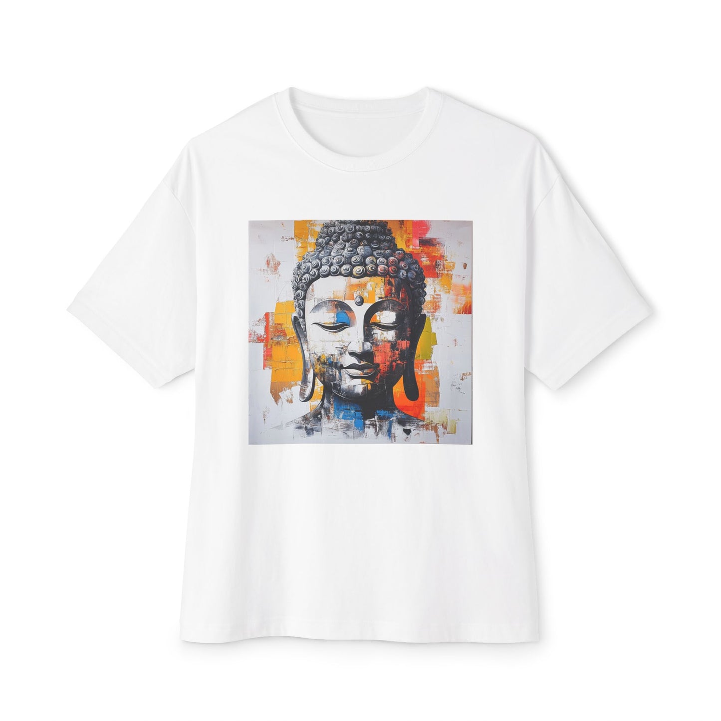 White Buddha art t-shirt featuring a colorful Buddha face design for a unique style