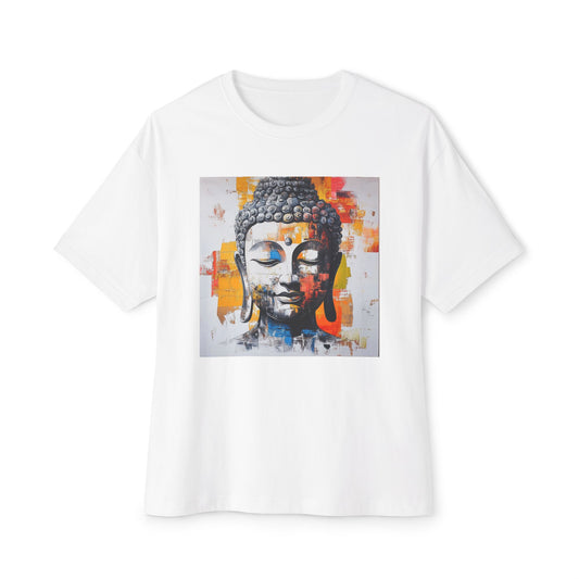 White Buddha art t-shirt featuring a colorful Buddha face design for a unique style