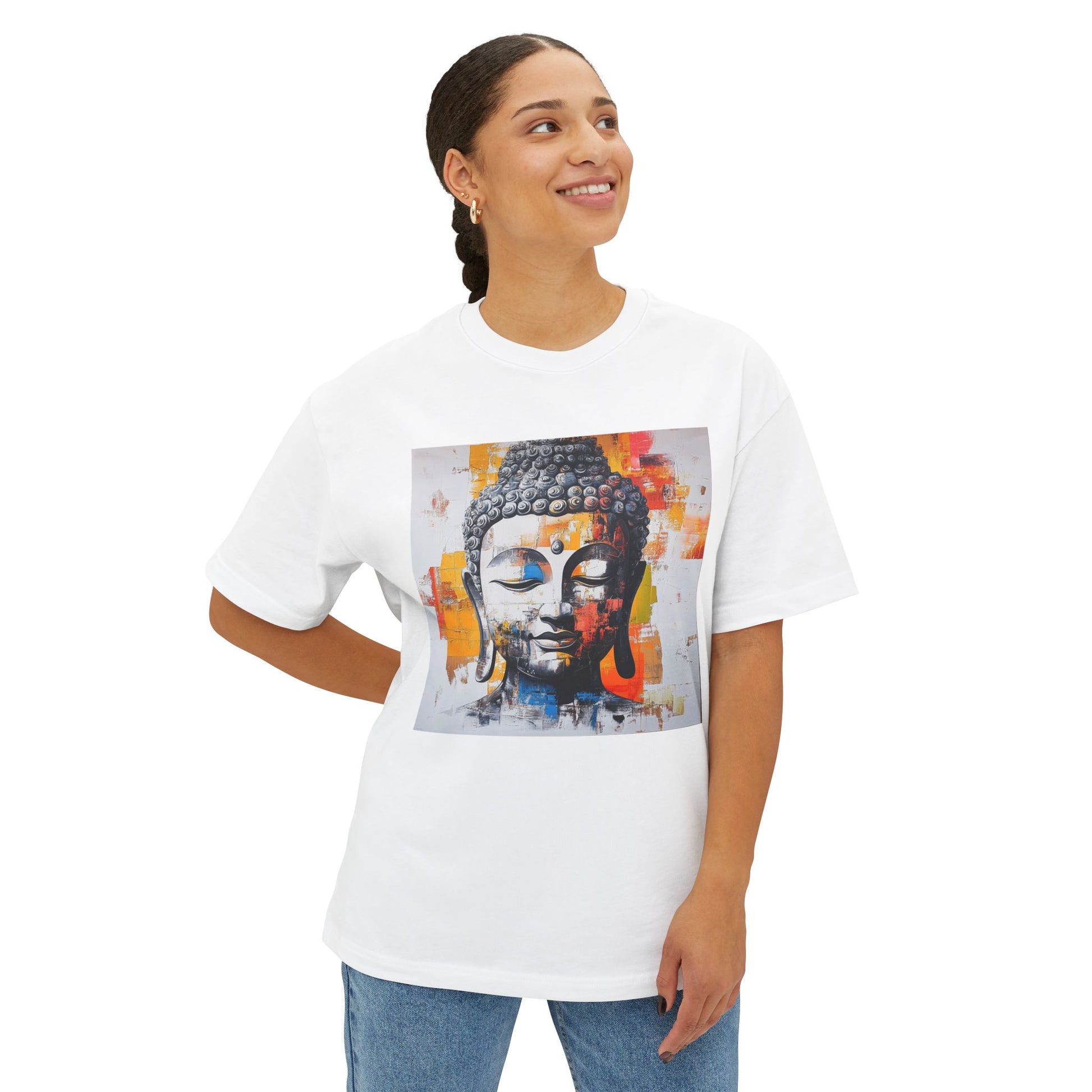 White Buddha art t-shirt featuring a colorful Buddha graphic for a stylish and meaningful look