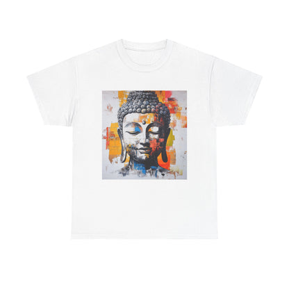 Stylish Buddha meditation t-shirt featuring a colorful Buddha graphic on a white background