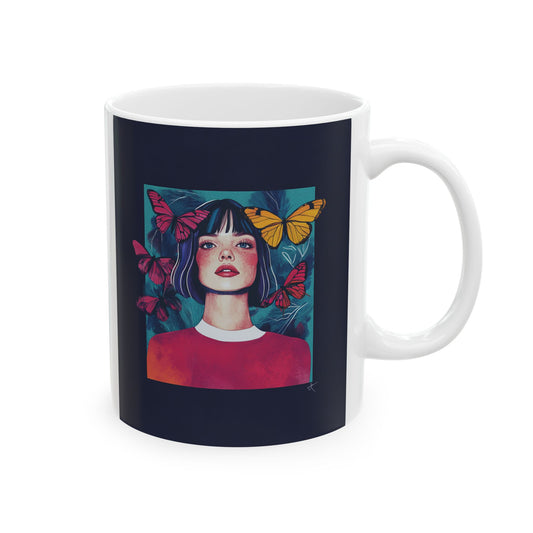 Butterfly girl ceramic mug featuring a vibrant illustration of a girl with butterflies on a dark background