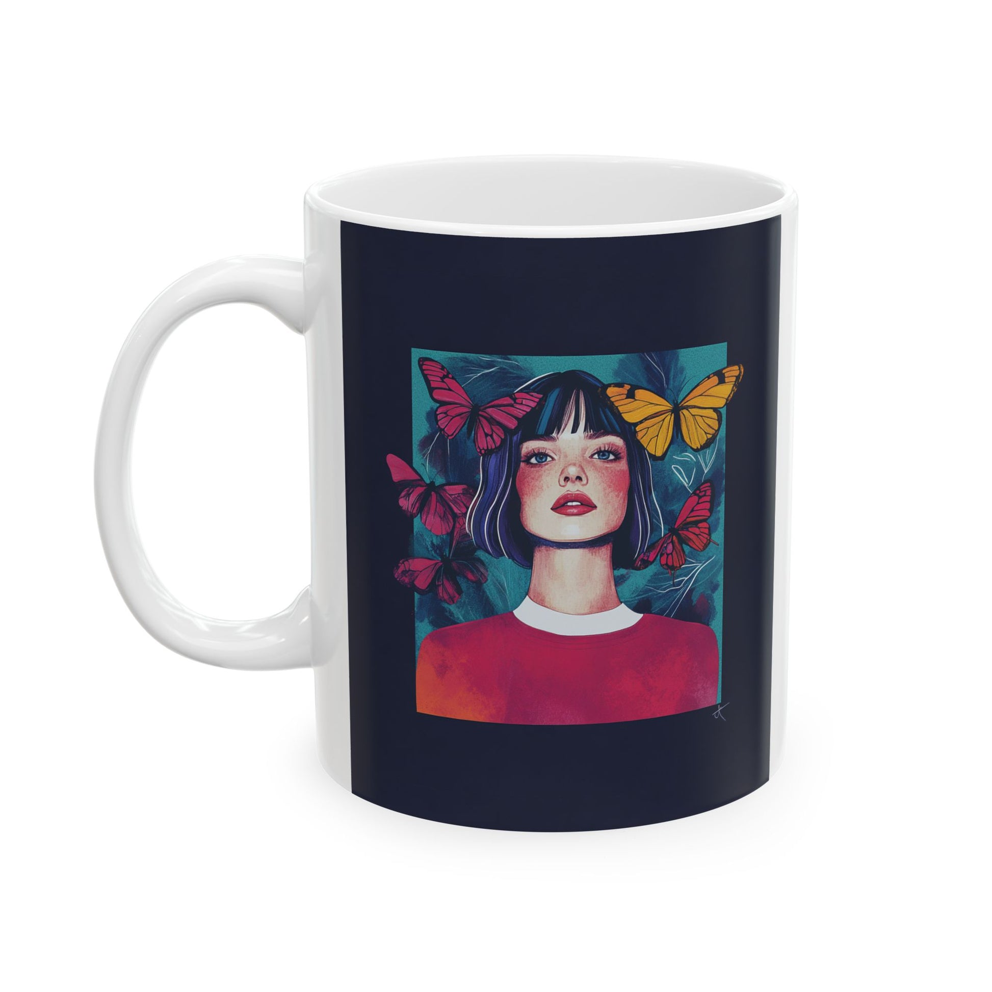 Butterfly girl ceramic mug featuring a woman surrounded by colorful butterflies on a dark background
