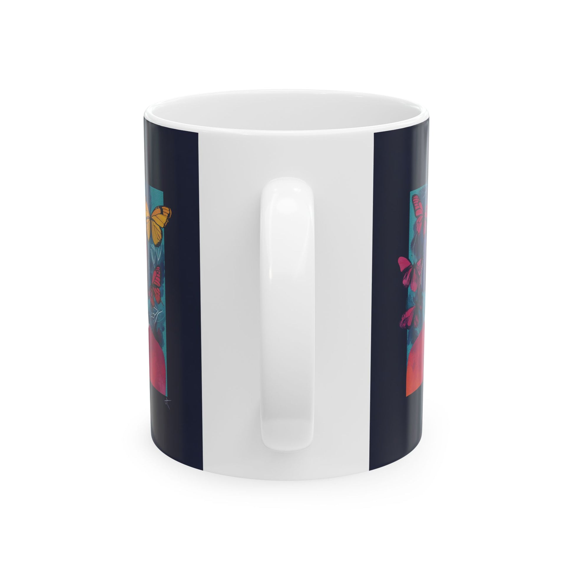 Butterfly girl ceramic mug featuring vibrant butterfly and flower designs on a sleek white background
