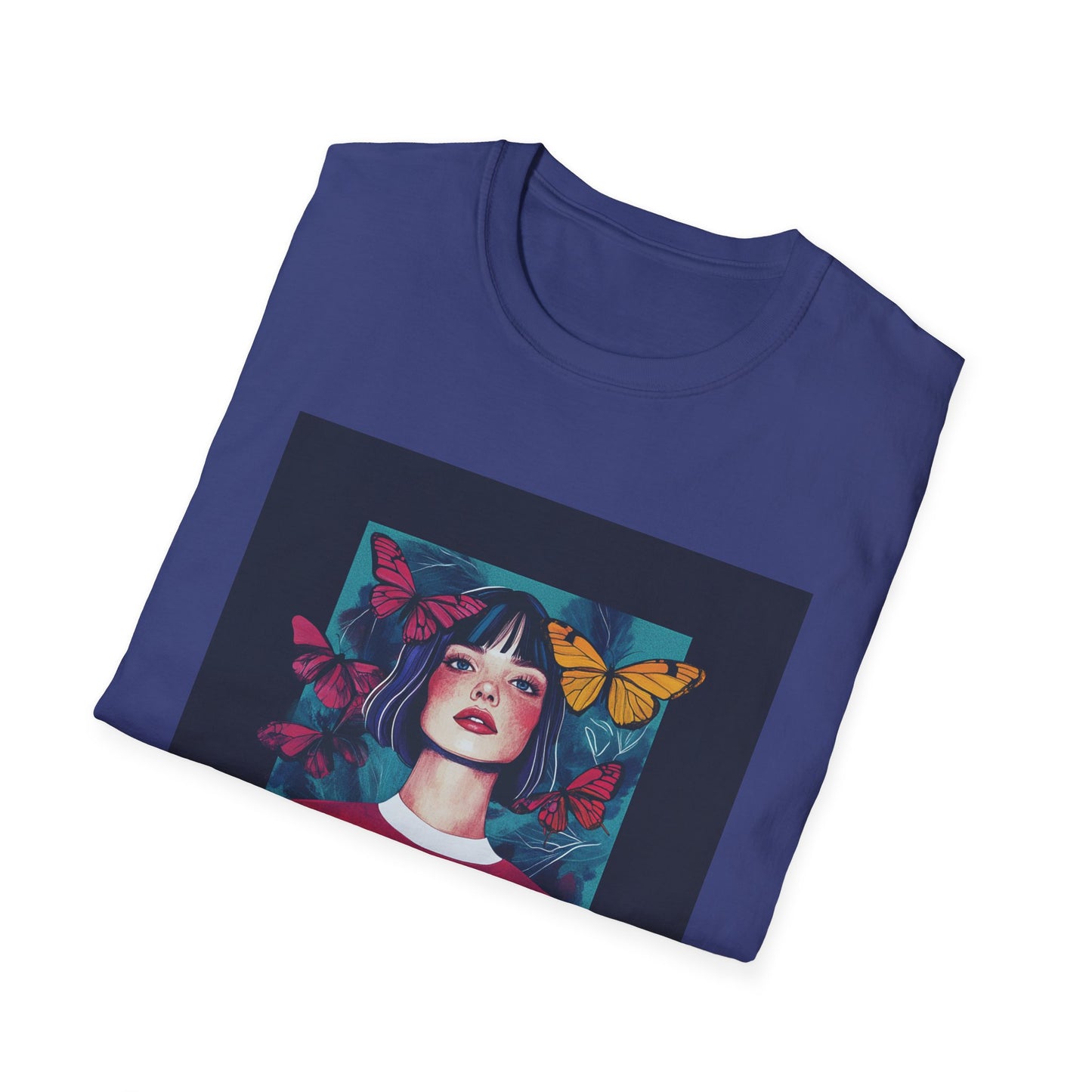 Navy butterfly graphic t-shirt for women featuring a vibrant design with butterflies and a portrait