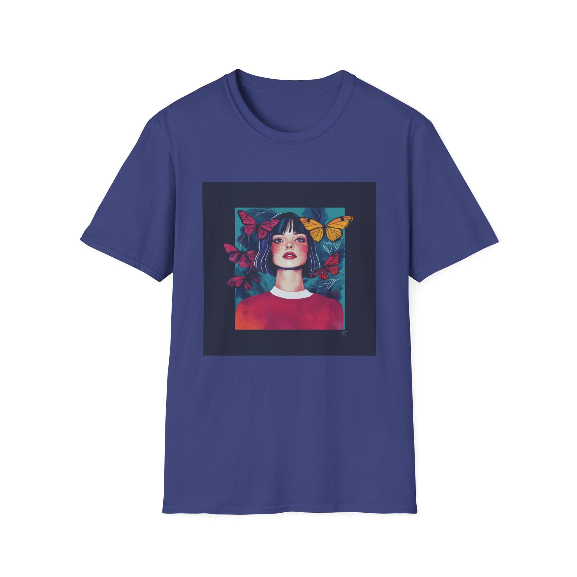 Butterfly graphic t-shirt for women featuring a colorful design of a woman surrounded by butterflies