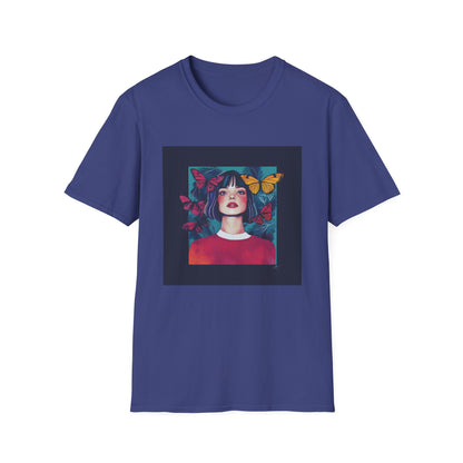Butterfly graphic t-shirt for women featuring a colorful design of a woman surrounded by butterflies