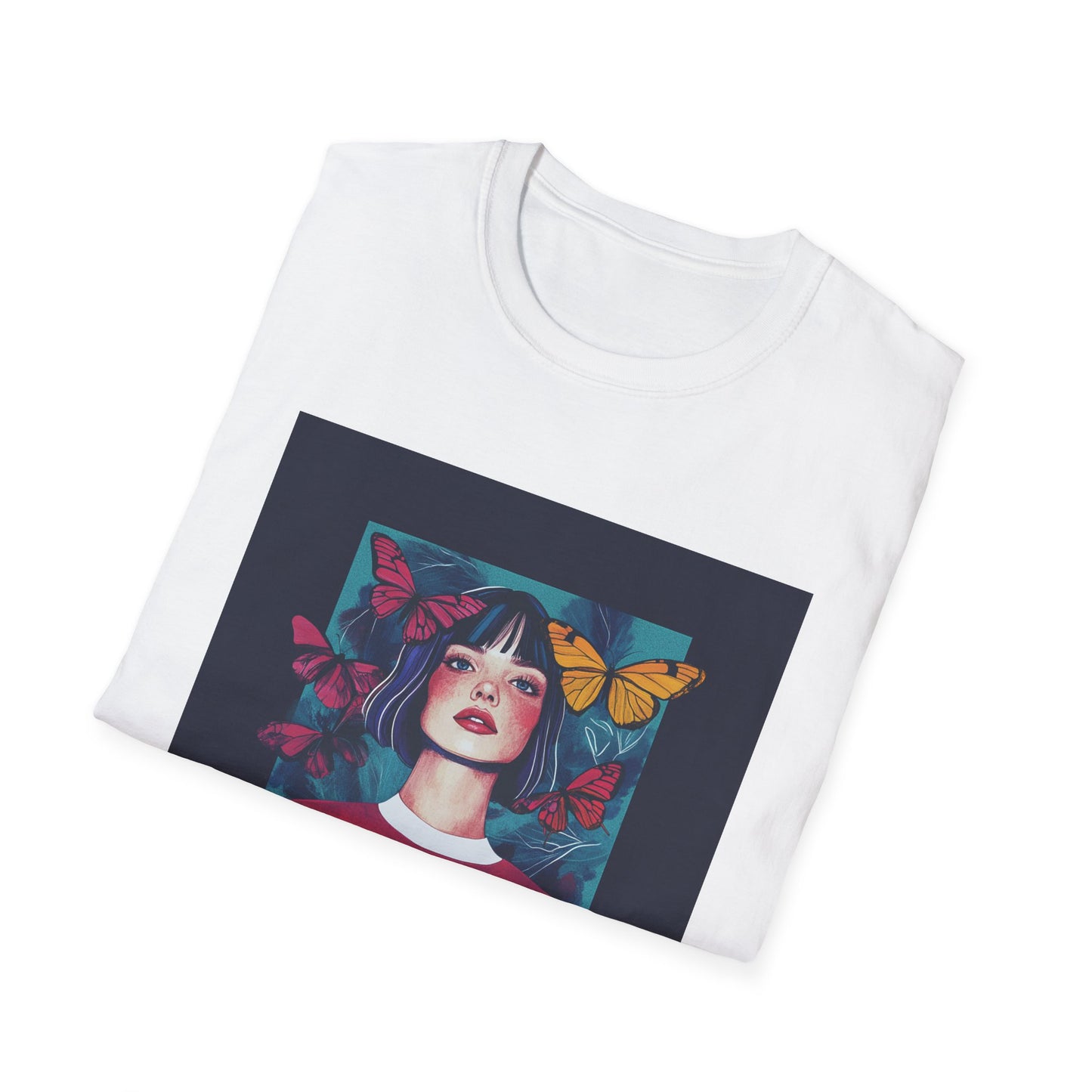 Butterfly graphic t-shirt for women featuring a colorful butterfly design on a white tee