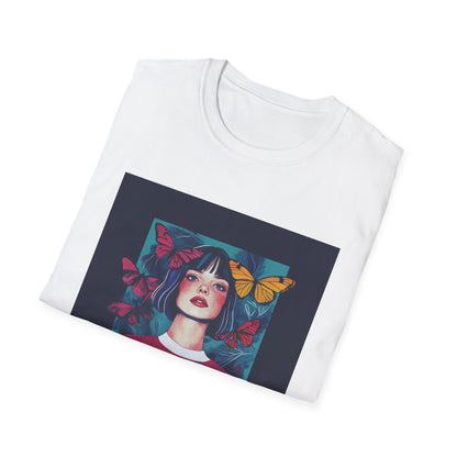 Butterfly graphic t-shirt for women featuring a colorful butterfly design on a white tee