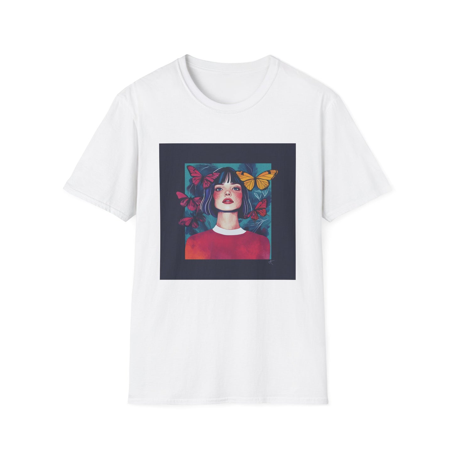 White butterfly graphic t-shirt for women featuring a colorful design with a woman and butterflies