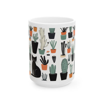 Cactus cat mug featuring playful cat and various cactus designs in colorful pots