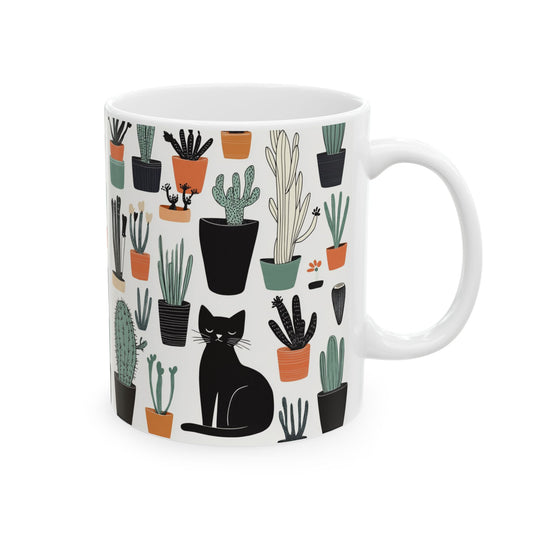 Cactus cat mug featuring playful designs of cats and various potted cacti for plant lovers